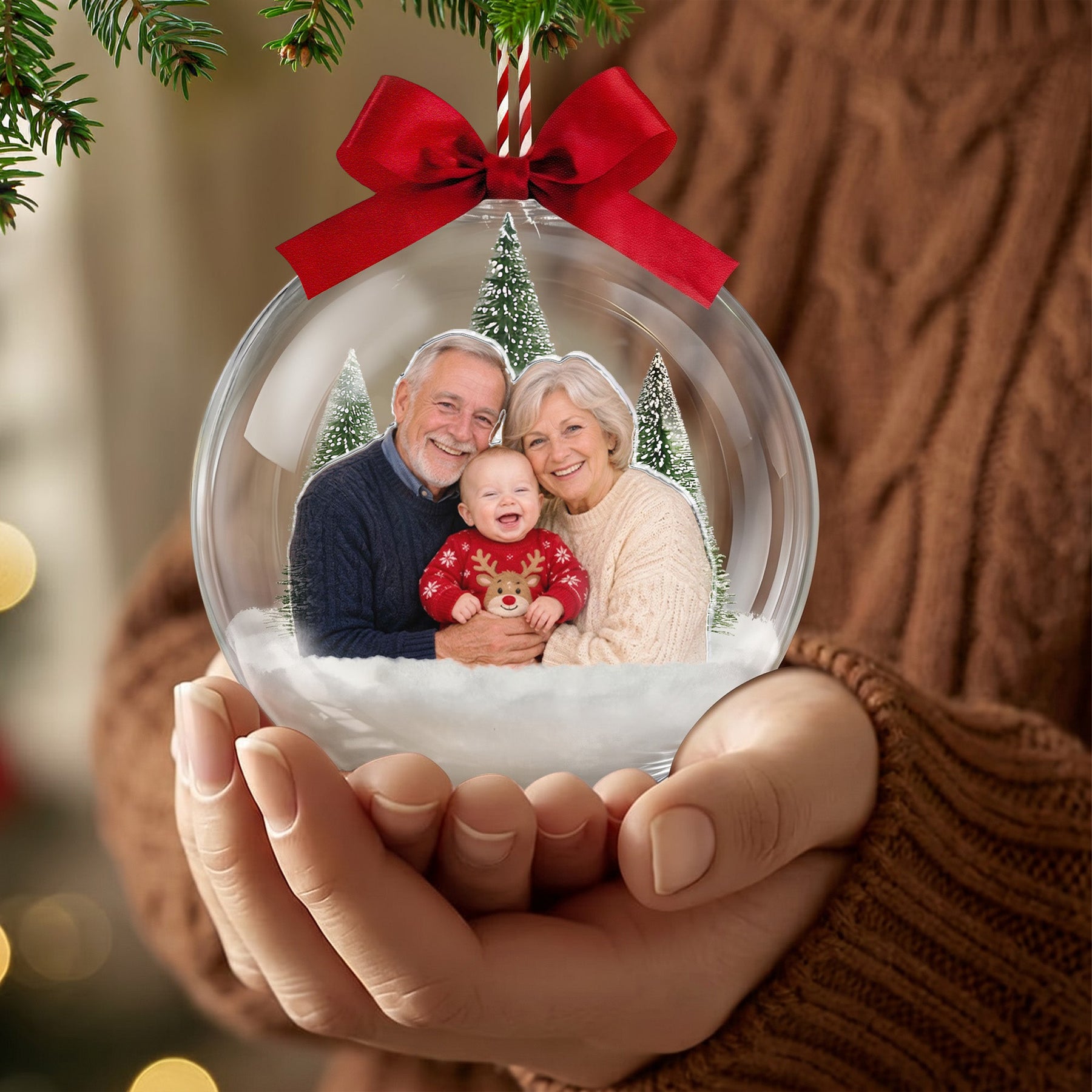 Custom Photo Baby First Christmas, Upload Newborn Photo Gift For Family Snow Ball Bauble - Personalized Ornament