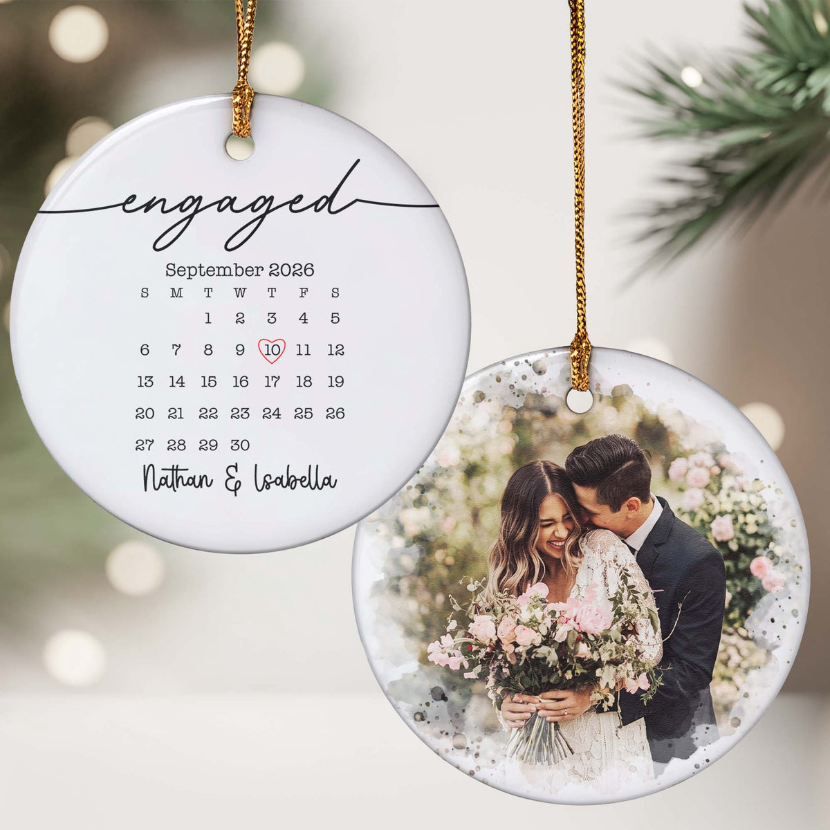 Custom Photo & Calendar Couple Engaged First Christmas Wedding Gifts - Personalized Ornament