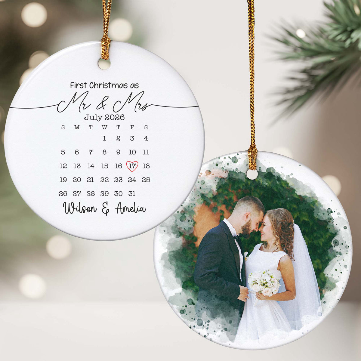 Custom Photo & Calendar Couple Engaged First Christmas Wedding Gifts - Personalized Ornament
