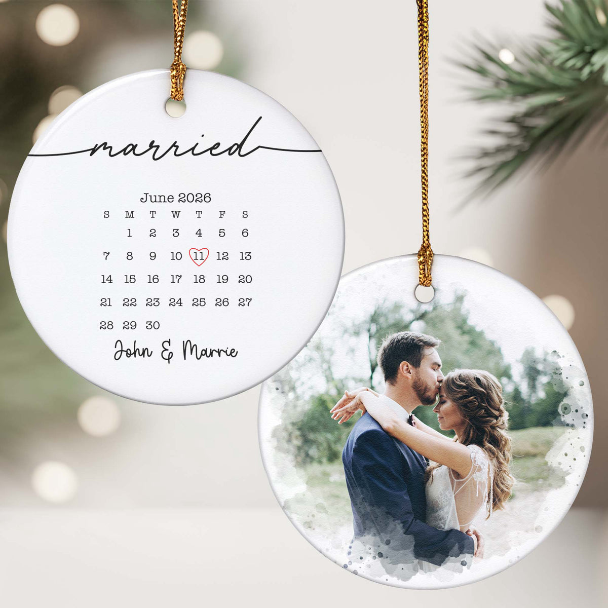 Custom Photo & Calendar Couple Engaged First Christmas Wedding Gifts - Personalized Ornament