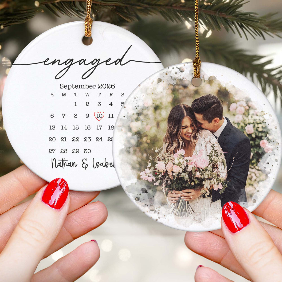 Custom Photo & Calendar Couple Engaged First Christmas Wedding Gifts - Personalized Ornament