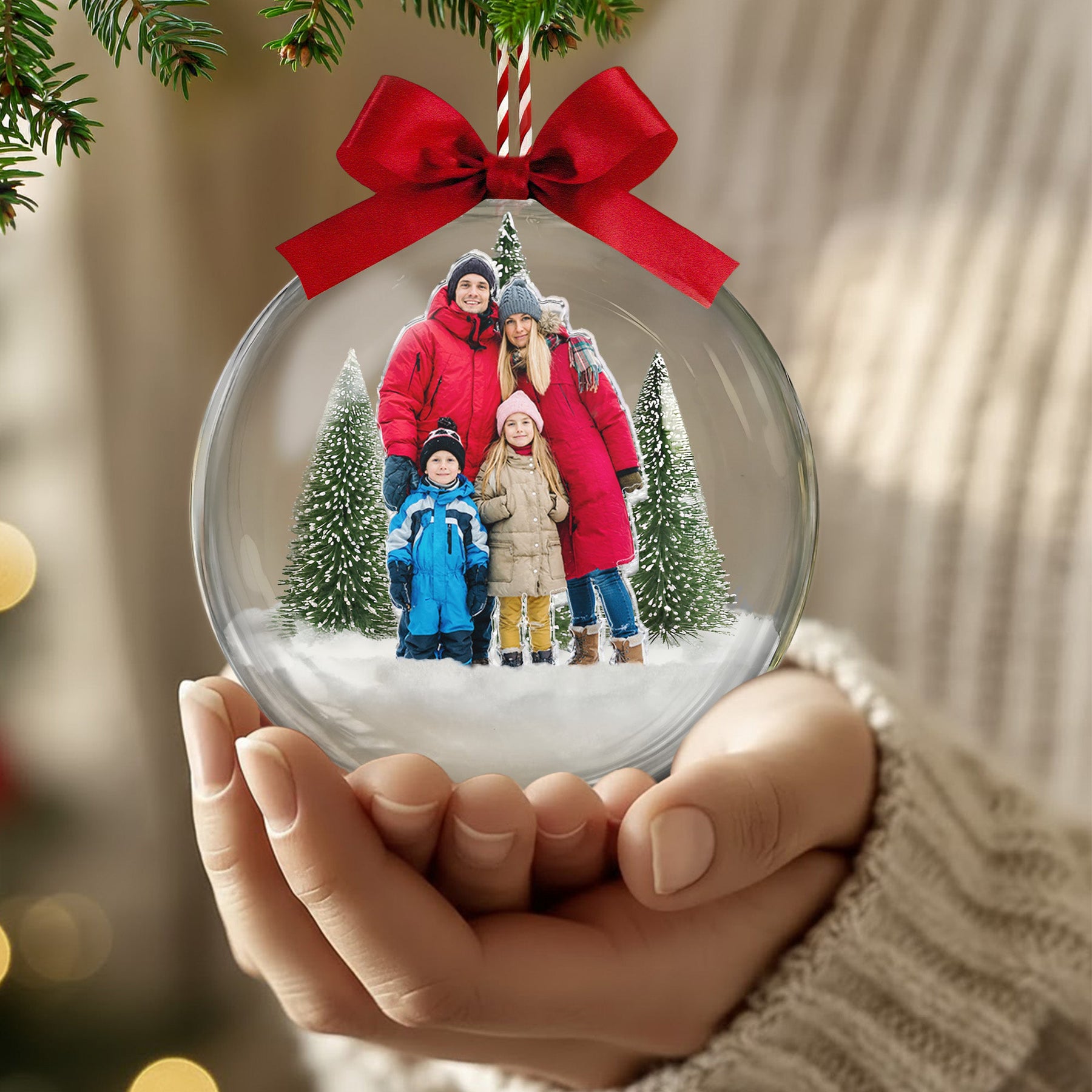 Custom Photo Gift For First Christmas As Family Of 3,4,5,6 - Custom Members Snow Ball Bauble - Personalized Ornament