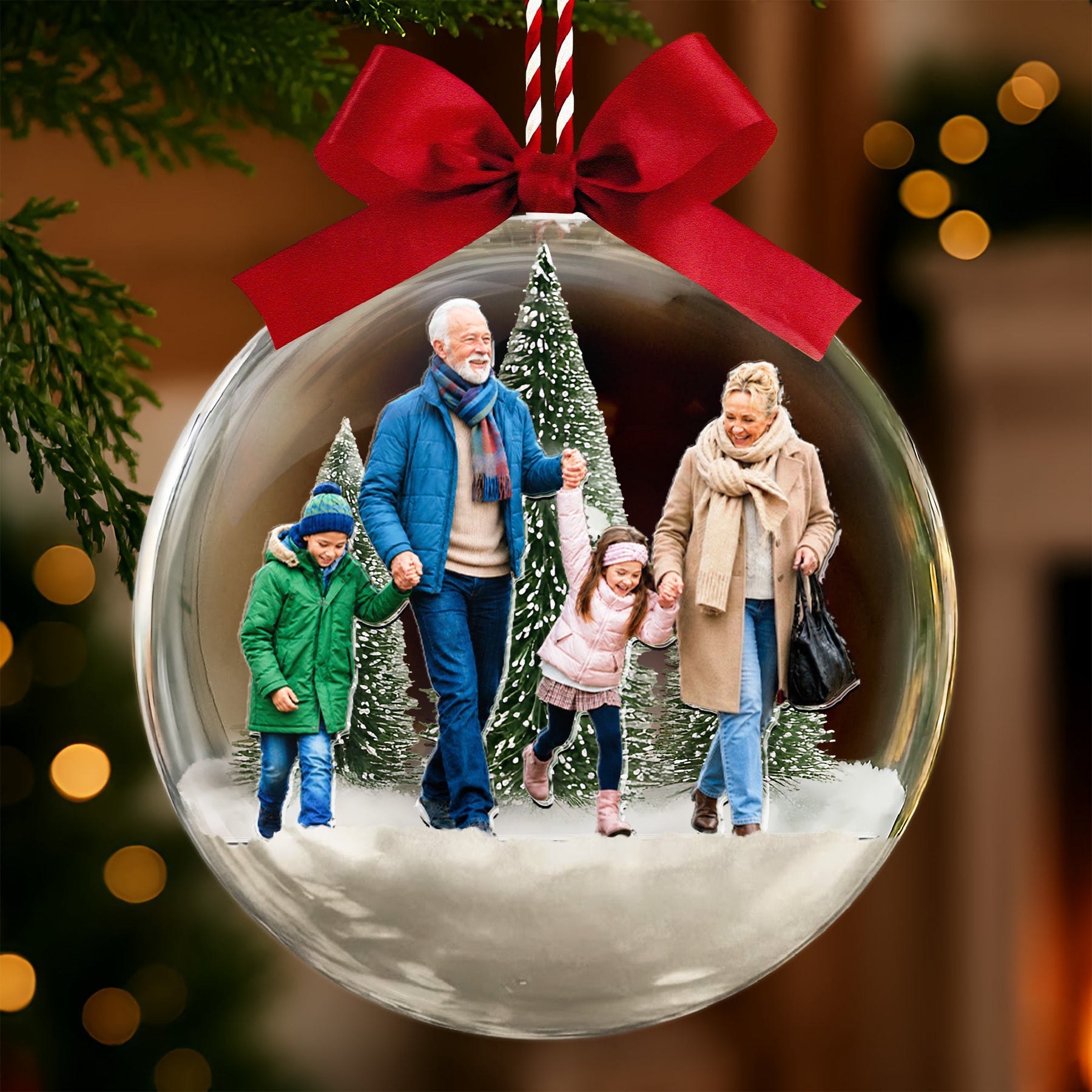 Custom Photo Gift For First Christmas As Family Of 3,4,5,6 - Custom Members Snow Ball Bauble - Personalized Ornament