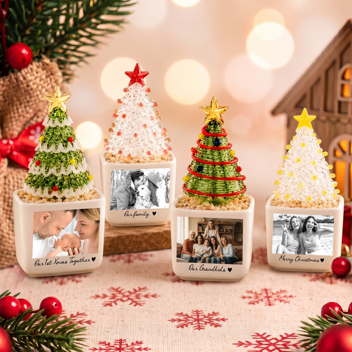 Custom Photo Moments With Family, Friends, Grandparents - Glass Christmas Tree - Personalized Plant Pot