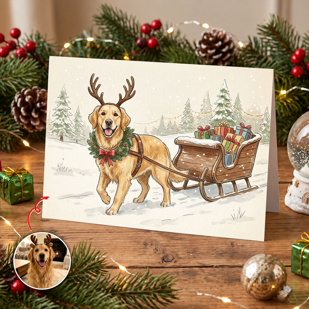 Custom Photo Pet Christmas Card Watercolor - Personalized Card