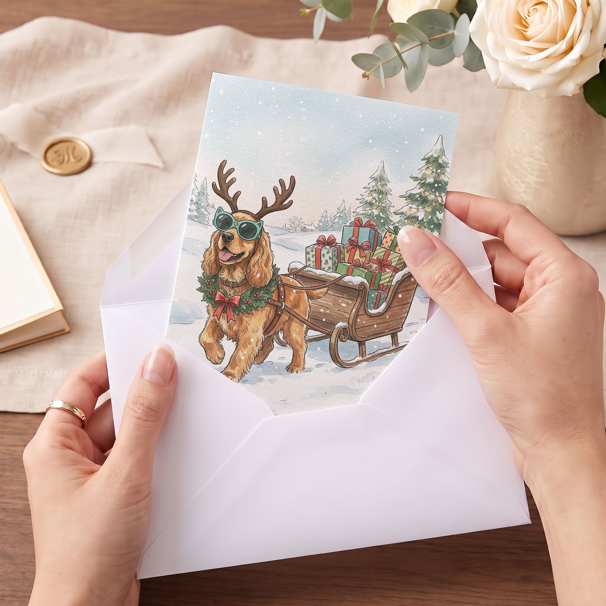 Custom Photo Pet Christmas Card Watercolor - Personalized Card