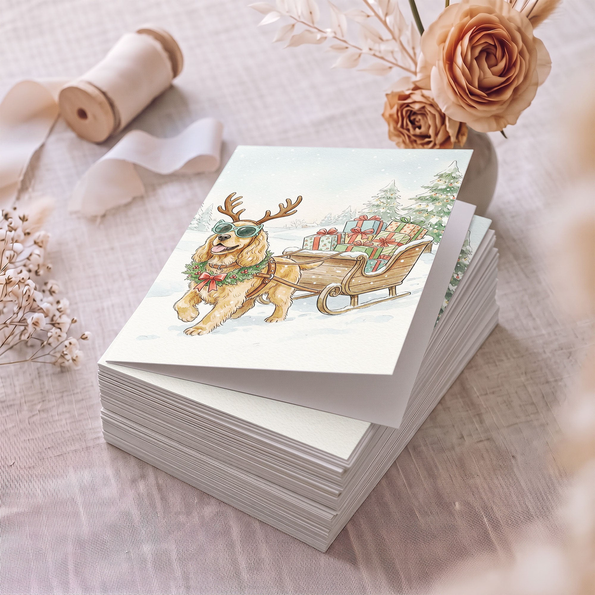 Custom Photo Pet Christmas Card Watercolor - Personalized Card