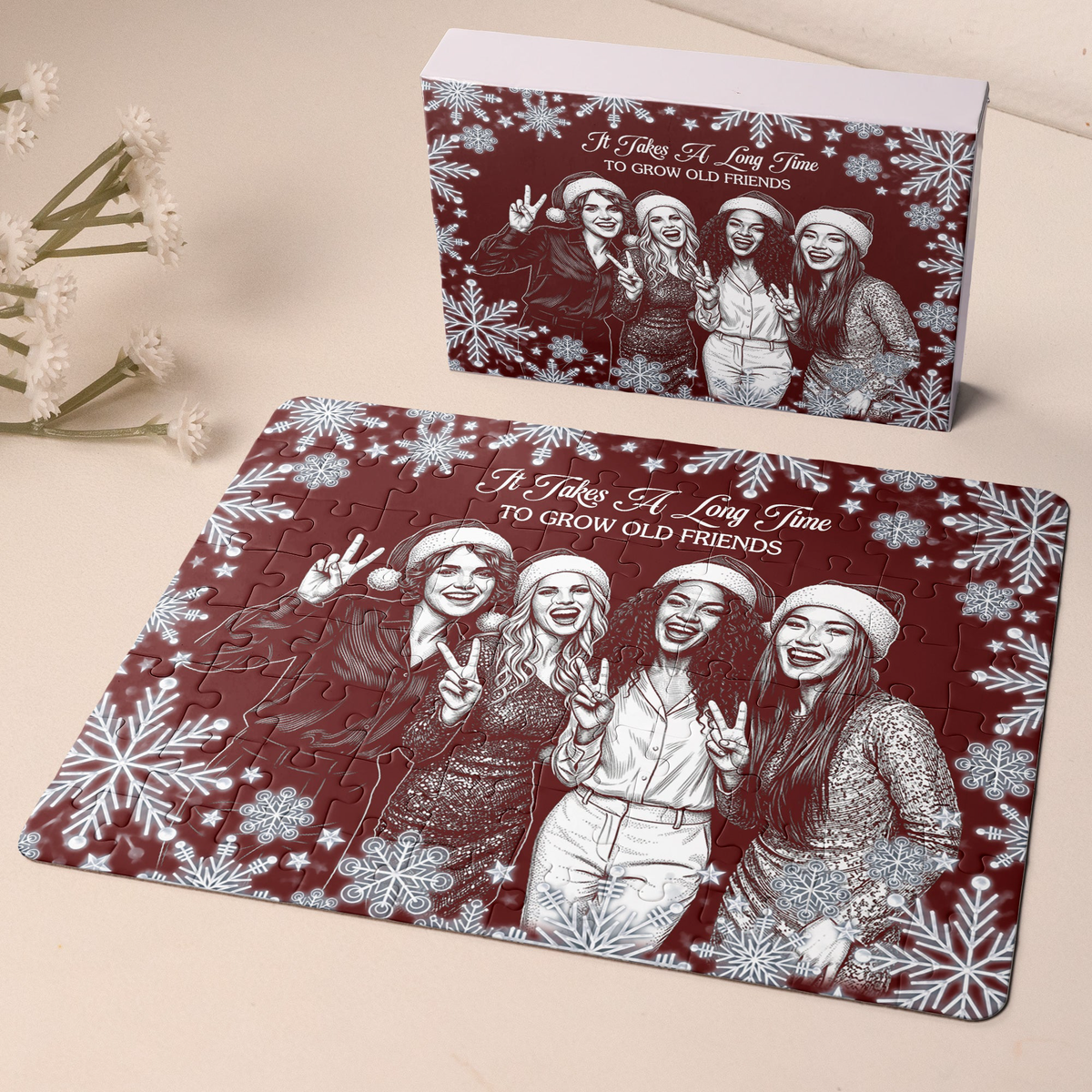 Custom Photo Sketch Line Art Friendship Gifts For Her, Christmas Night - Personalized Jigsaw Puzzle