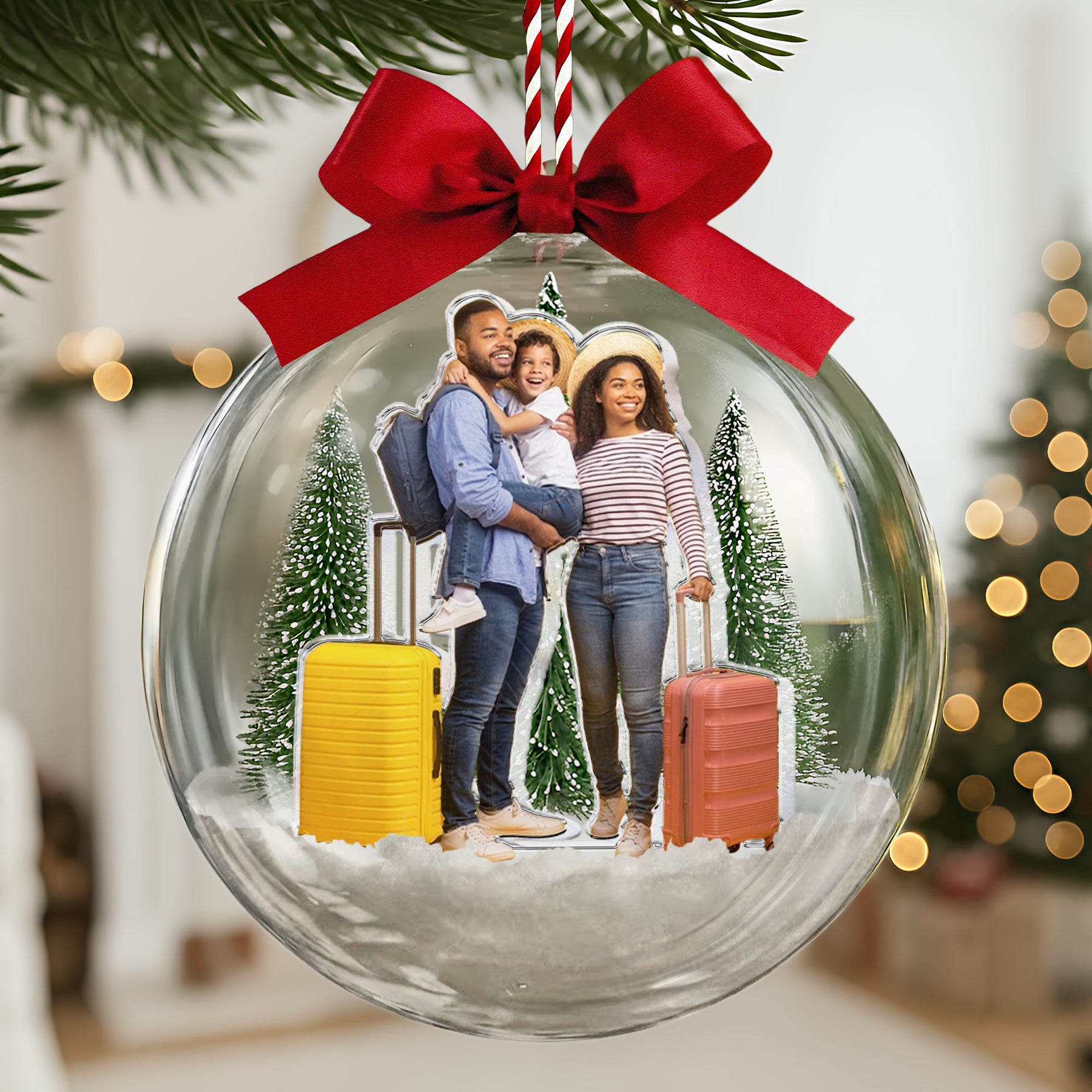 Custom Photo Travel Adventure Snow Ball Ornament, Couple Traveling Destination, Family Trip Travel Gift, Christmas Gift - Personalized Ornament