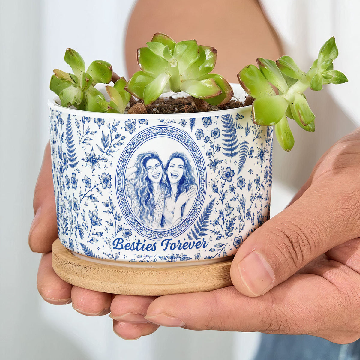 Custom Photo Watercolor Portrait Gift For Friend Besties - Personalized Plant Pot