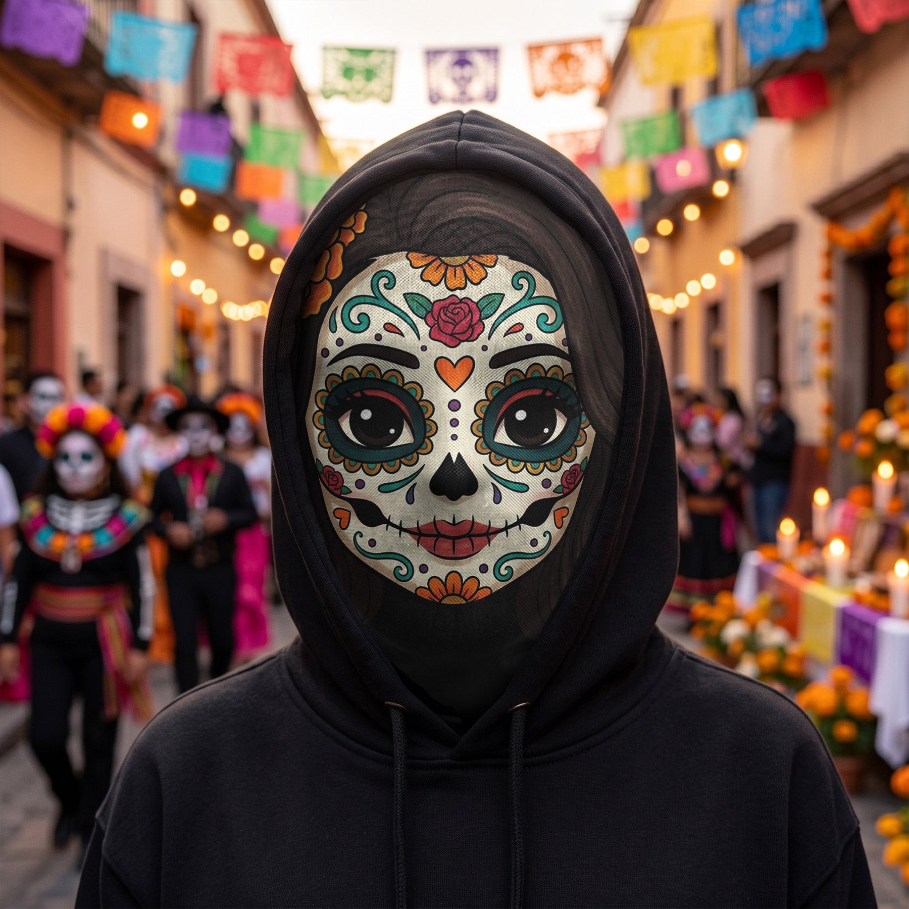 Custom Portrait Sugar Skeleton Hispanic Mexican Flowers - Personalized Balaclava Mask