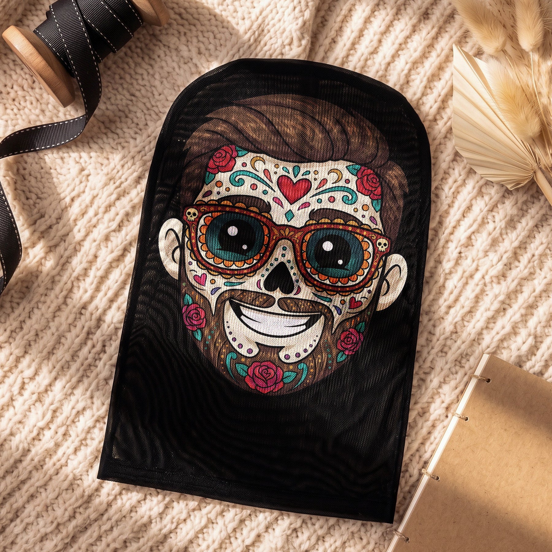 Custom Portrait Sugar Skeleton Hispanic Mexican Flowers - Personalized Balaclava Mask