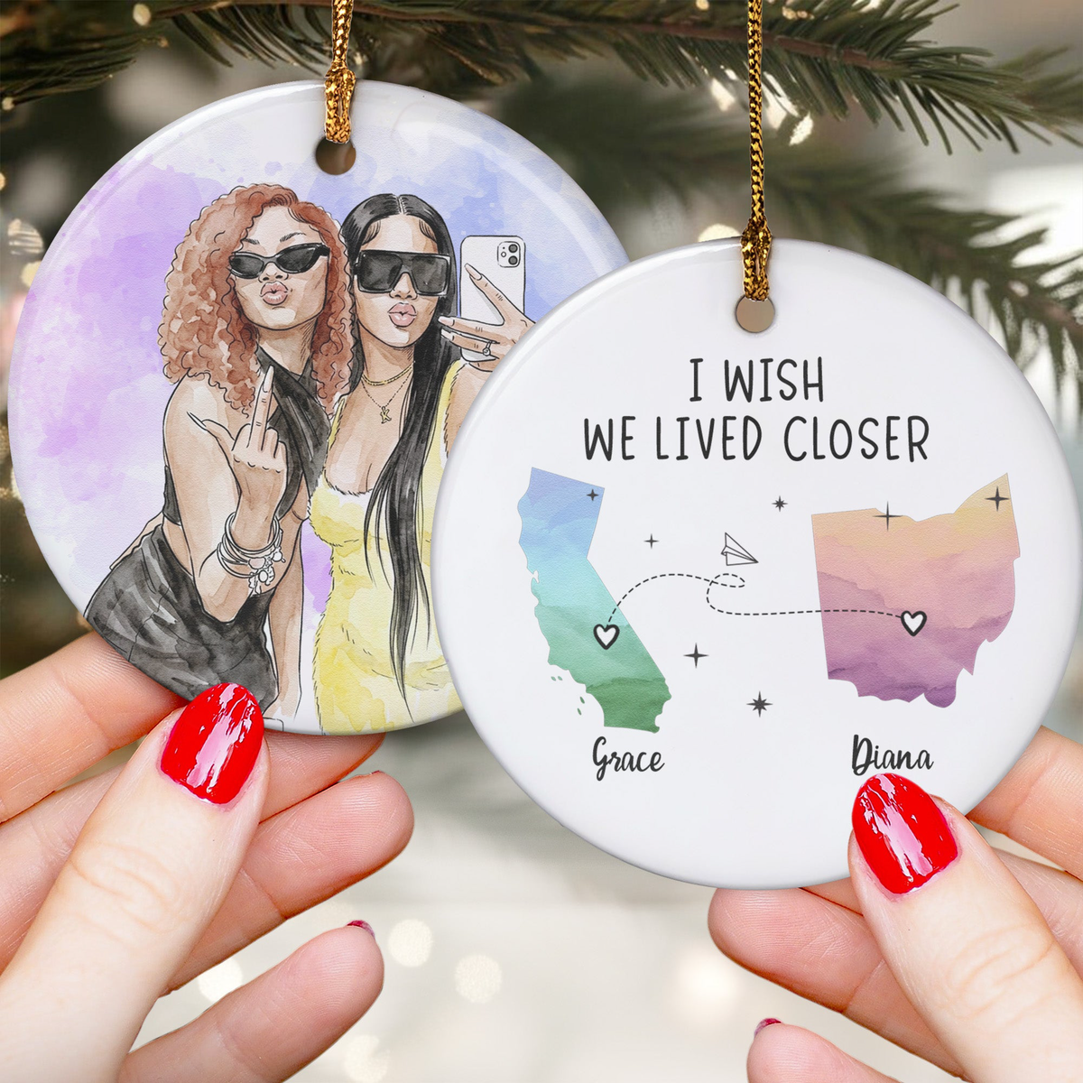 Custom States & Photo Watercolor Art - Long Distance Relationship Gifts - Personalized Ornament