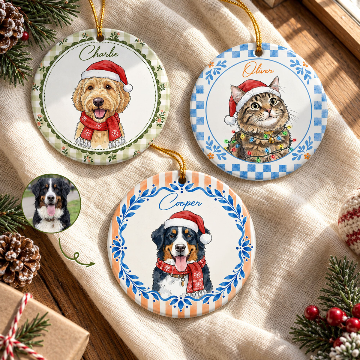 Custom Watercolor Pet With Santa Hat Gifts For Pet Lovers - Personalized Ornament