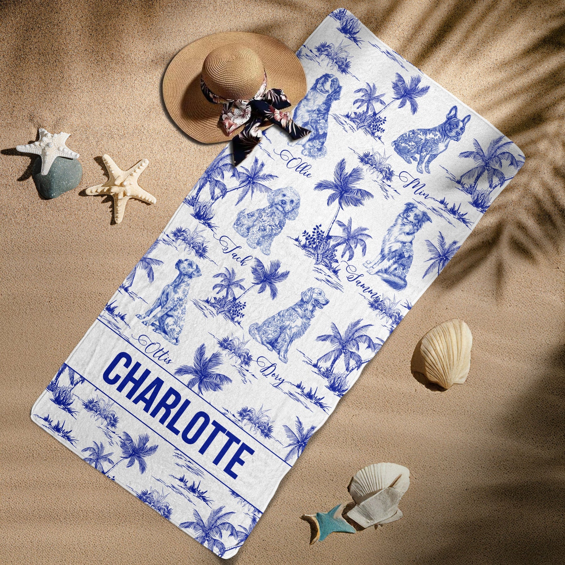 Dog Floral Toile De Jouy Chinoiserie French - Personalized Quick-Dry Beach Towel