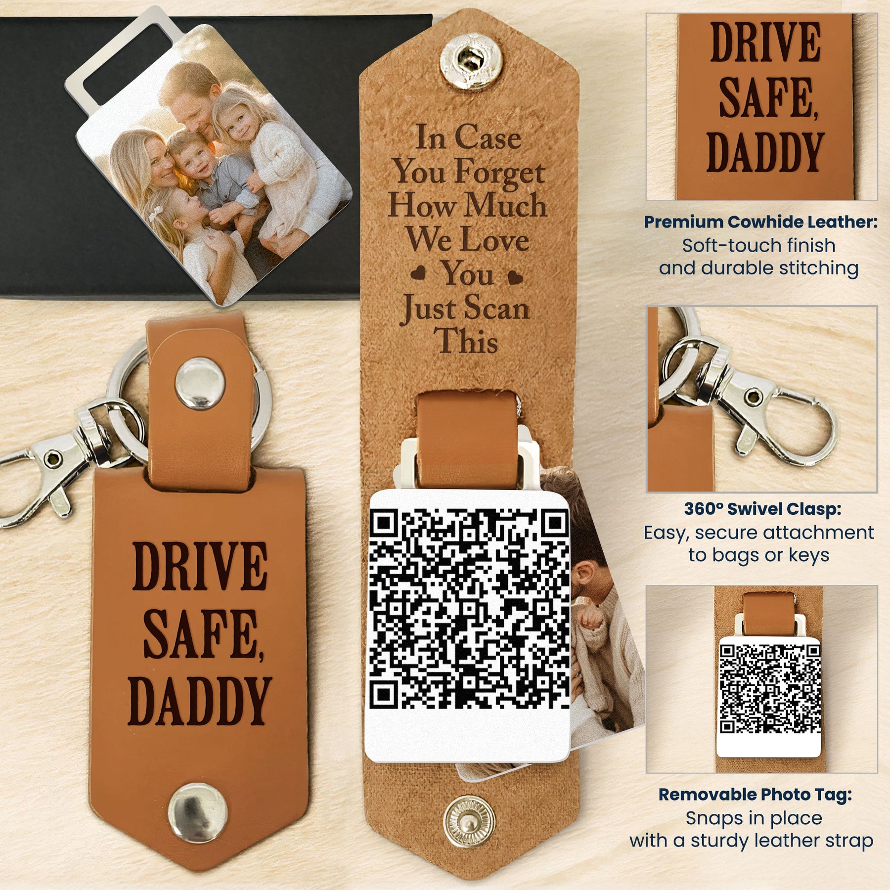 Drive Safe Daddy - Custom QR Code & Photo Gifts - Personalized Leather Photo Keychain