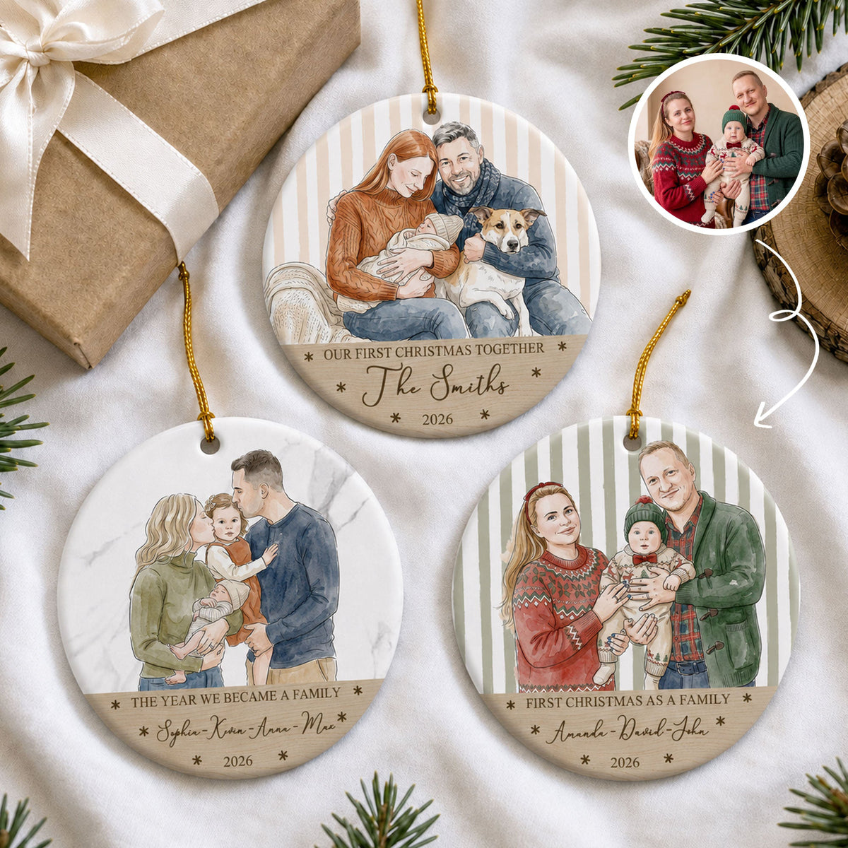 First Christmas As A Family, Custom Photo Watercolor Art - Personalized Ornament