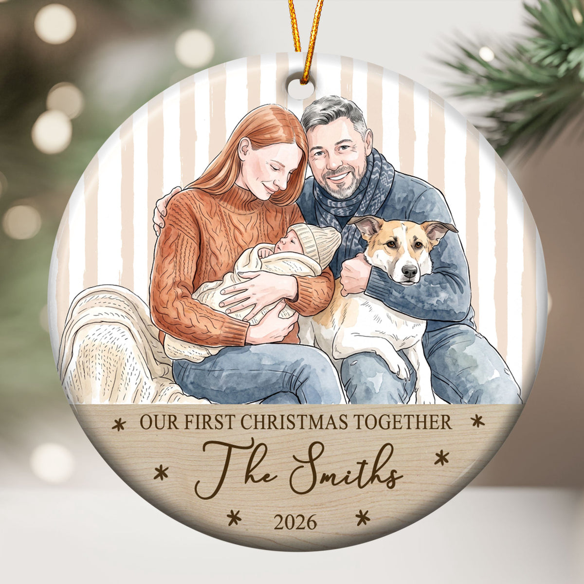 First Christmas As A Family, Custom Photo Watercolor Art - Personalized Ornament