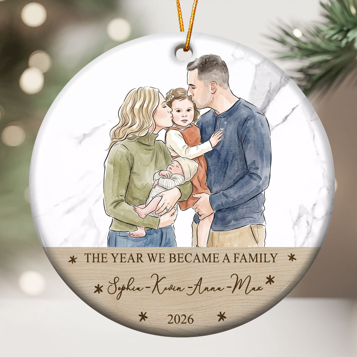 First Christmas As A Family, Custom Photo Watercolor Art - Personalized Ornament