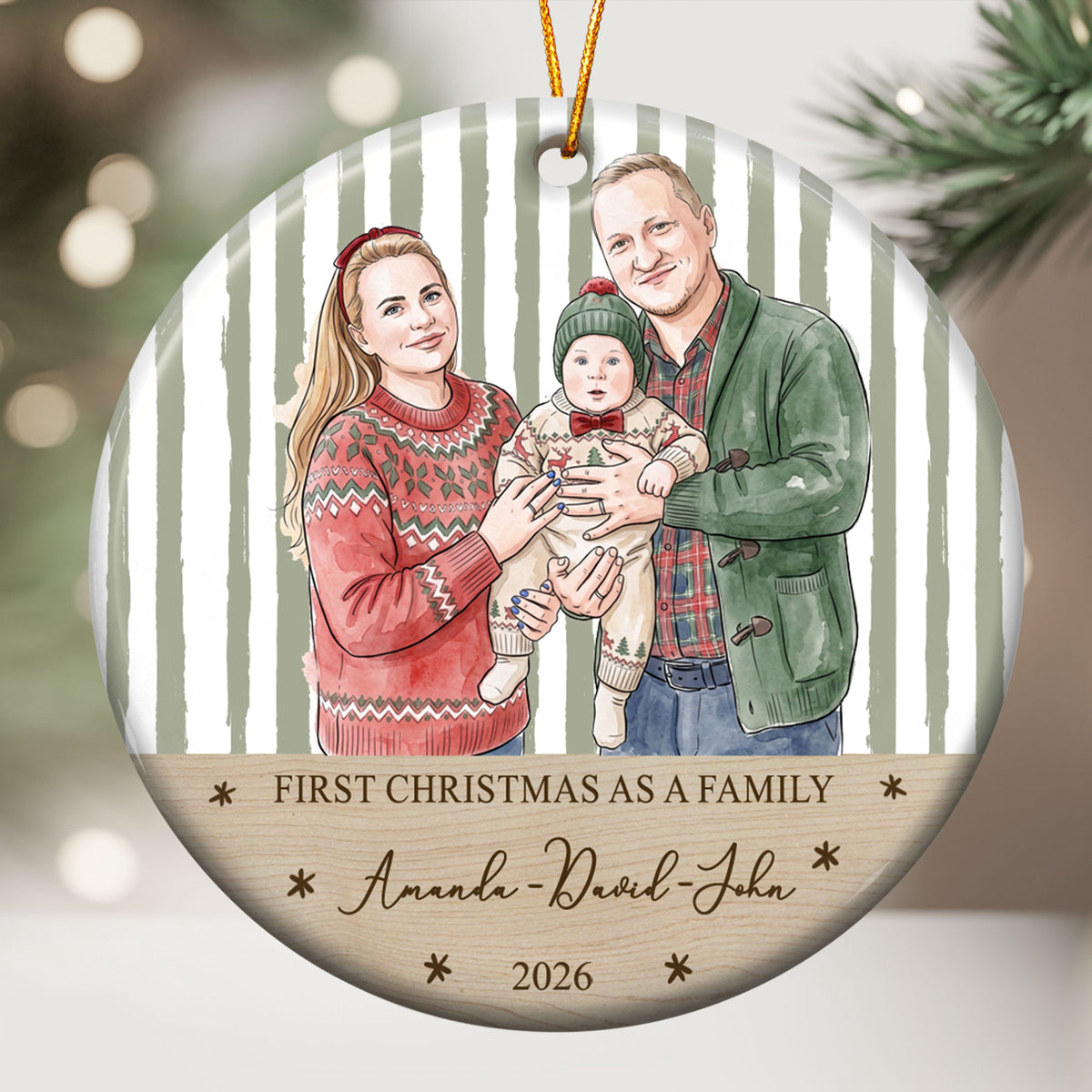 First Christmas As A Family, Custom Photo Watercolor Art - Personalized Ornament
