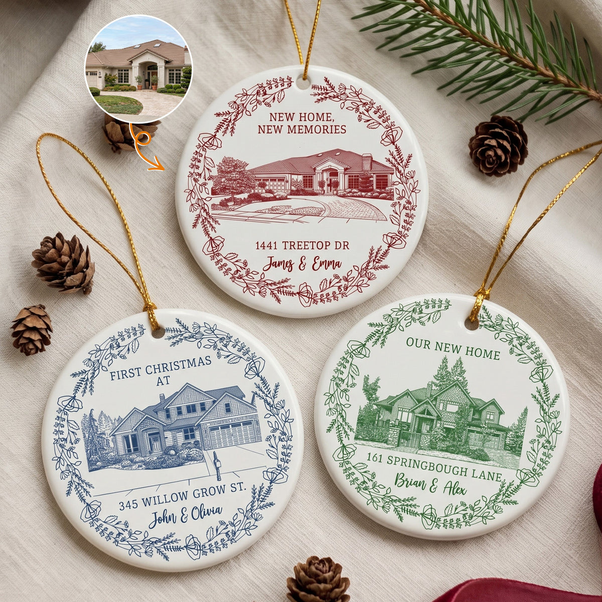 First Christmas At Our New House Custom Photo Sketch Line Art - Personalized Ornament