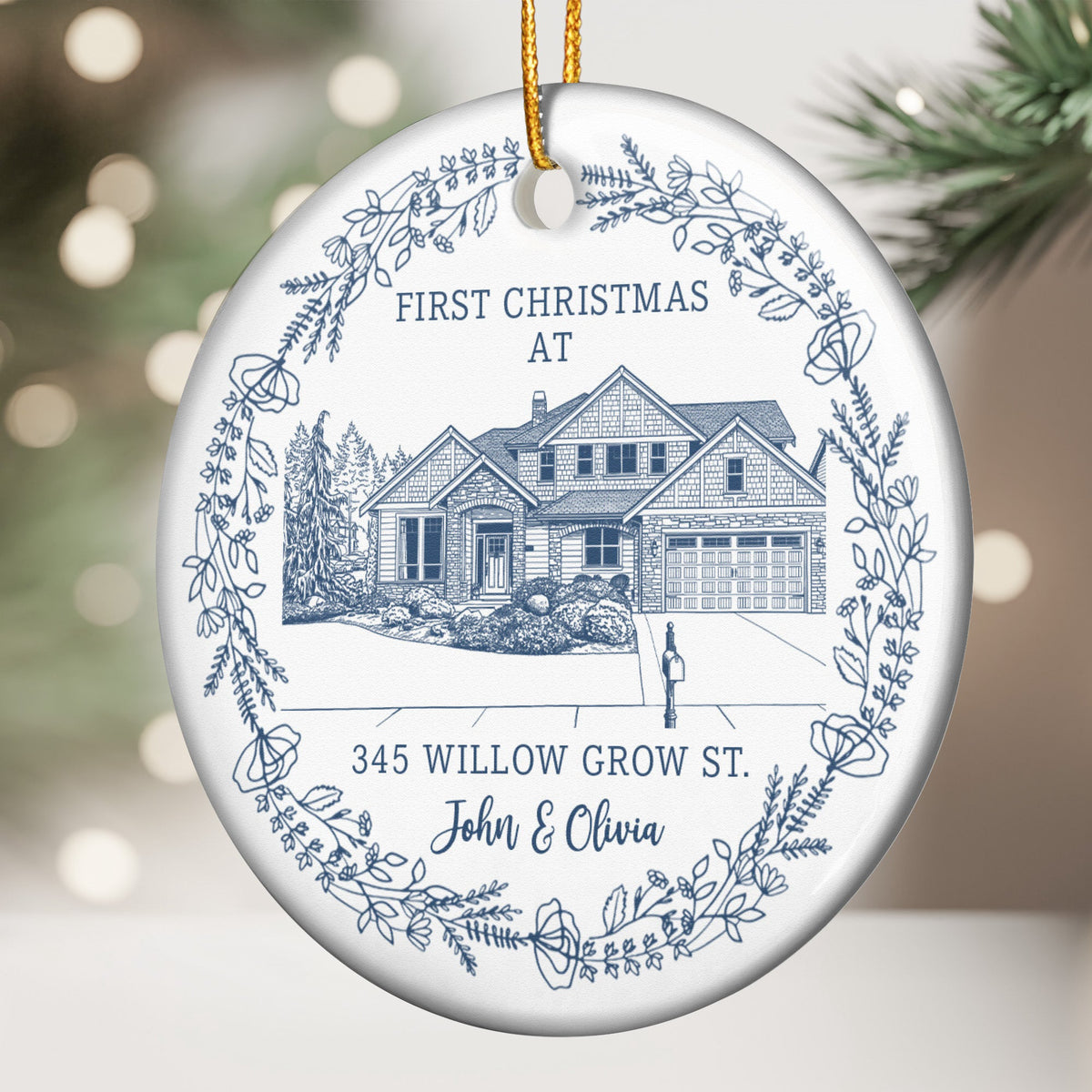 First Christmas At Our New House Custom Photo Sketch Line Art - Personalized Ornament
