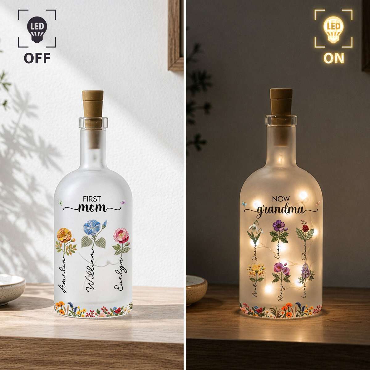 First Mom Now Grandma Birthflower Patchwork Print - Personalized Bottle Lamp