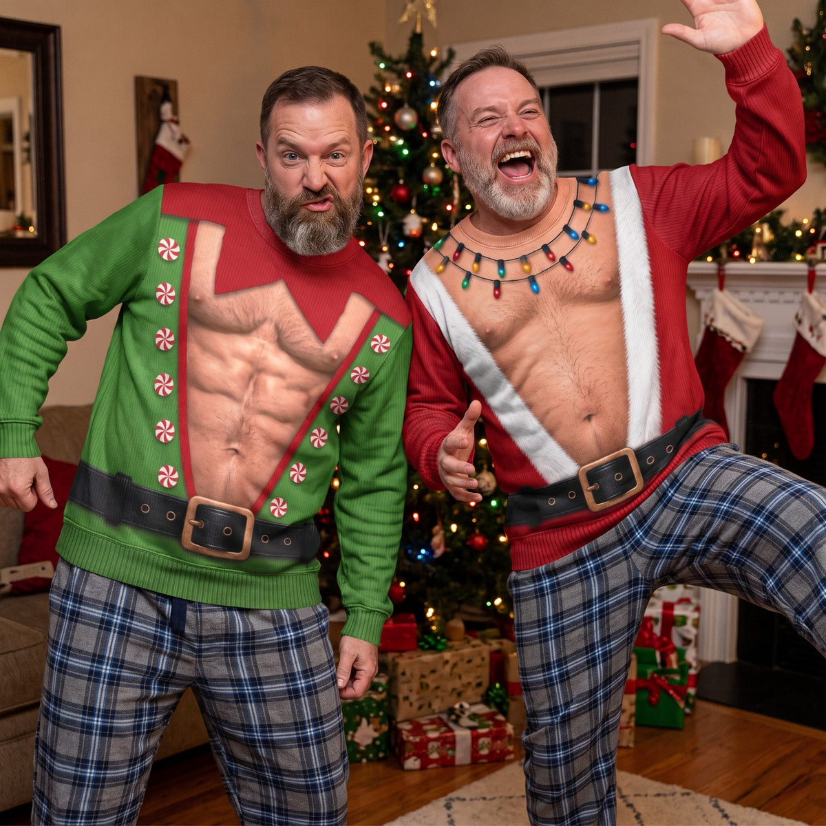 Funny Santa, Elf With Big Hairy Belly - Ugly Sweater Party Family, Coworkers - Personalized Sweater