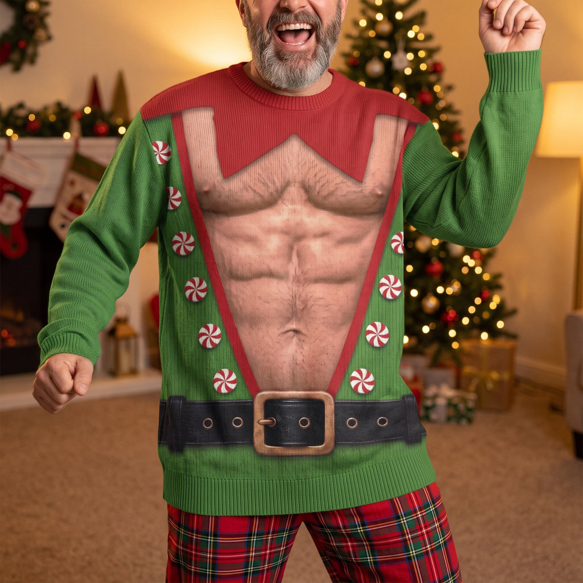 Funny Santa, Elf With Big Hairy Belly - Ugly Sweater Party Family, Coworkers - Personalized Sweater