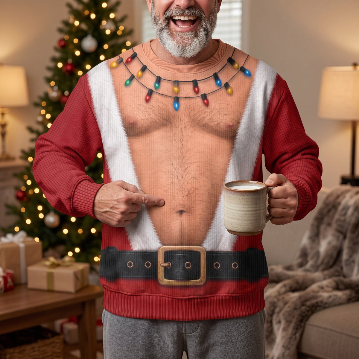 Funny Santa, Elf With Big Hairy Belly - Ugly Sweater Party Family, Coworkers - Personalized Sweater
