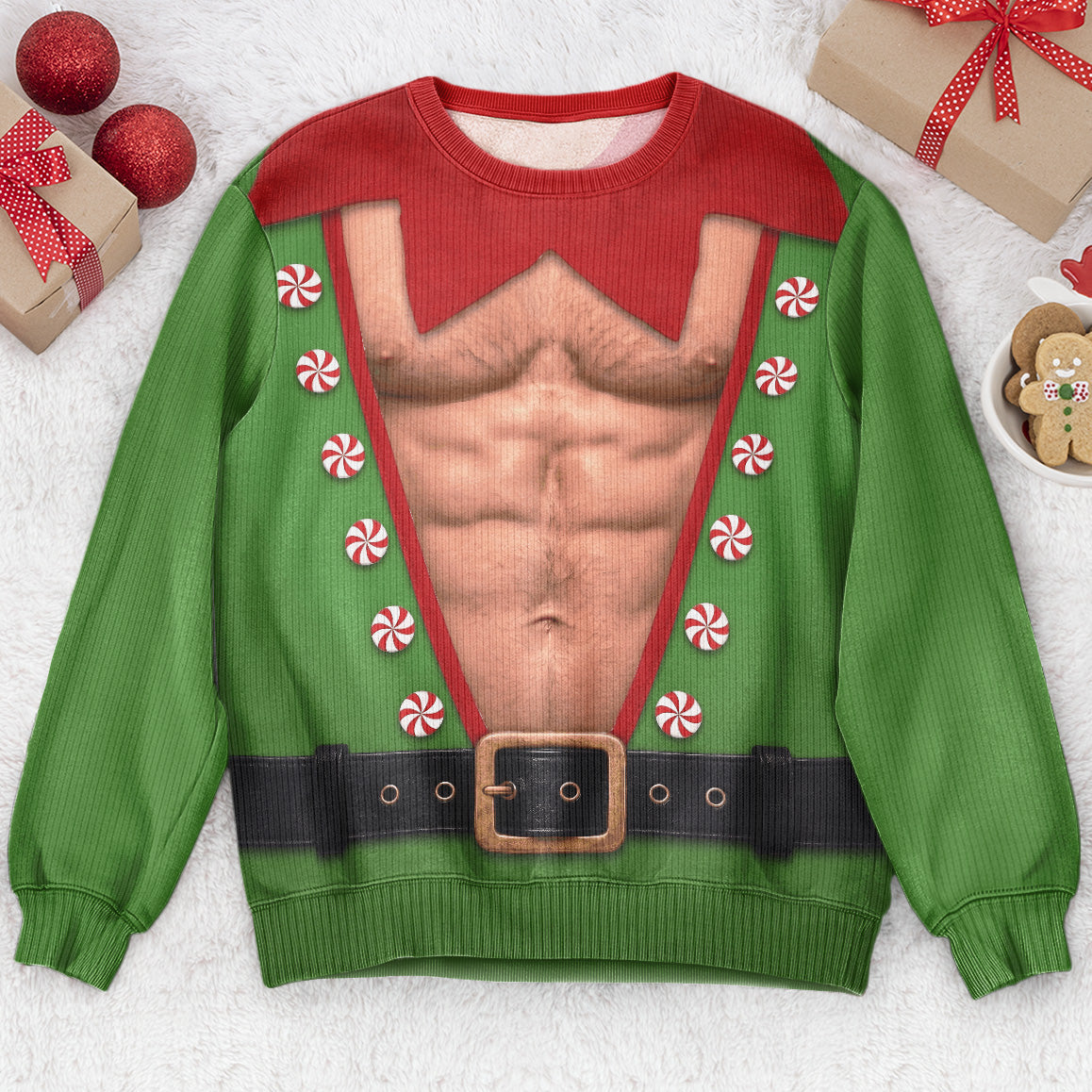 Funny Santa, Elf With Big Hairy Belly - Ugly Sweater Party Family, Coworkers - Personalized Sweater
