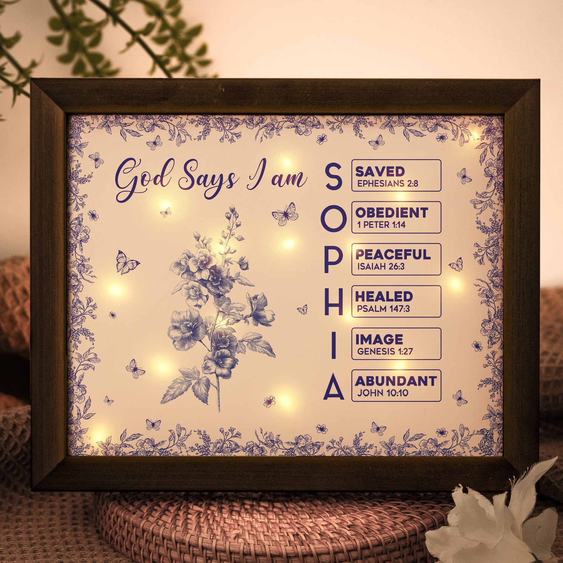 God Says I Am Name Letter In Bible Toile De Jouy Style - Personalized LED Shadow Box