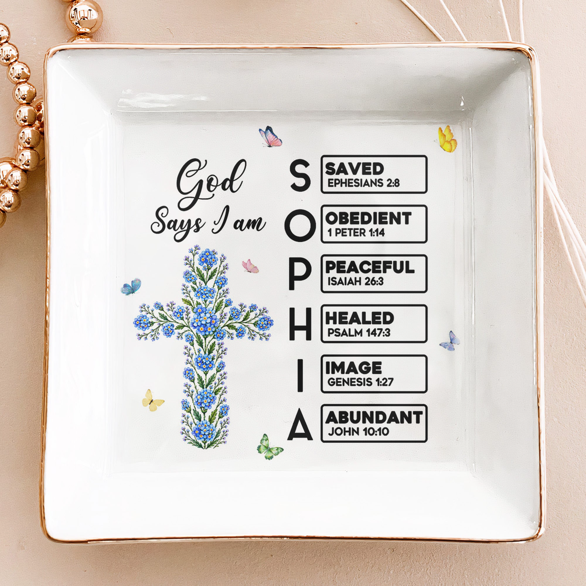 God Says I Am Name Letter In Bible Cross Birth Month Flower - Personalized Jewelry Dish