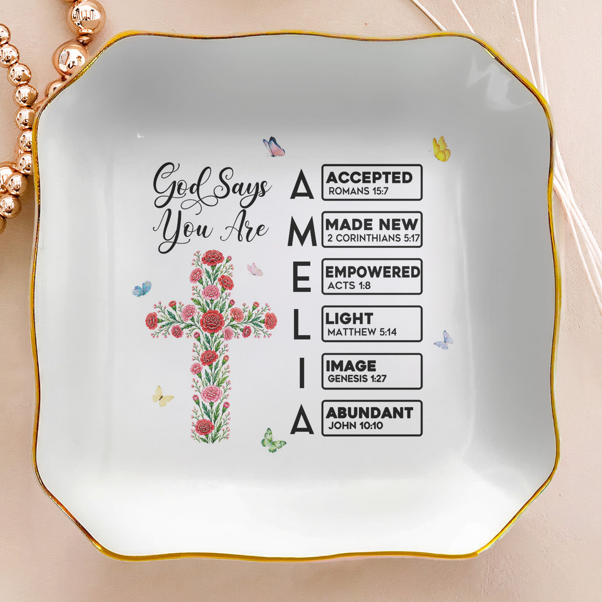 God Says I Am Name Letter In Bible Cross Birth Month Flower - Personalized Jewelry Dish