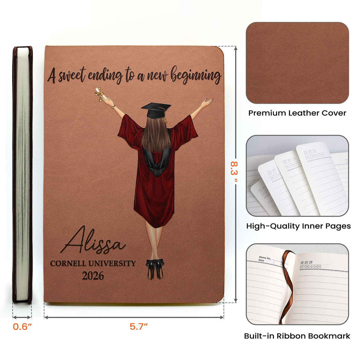 Graduation Journal A Sweet Ending To A New Beginning - Personalized Leather Journal