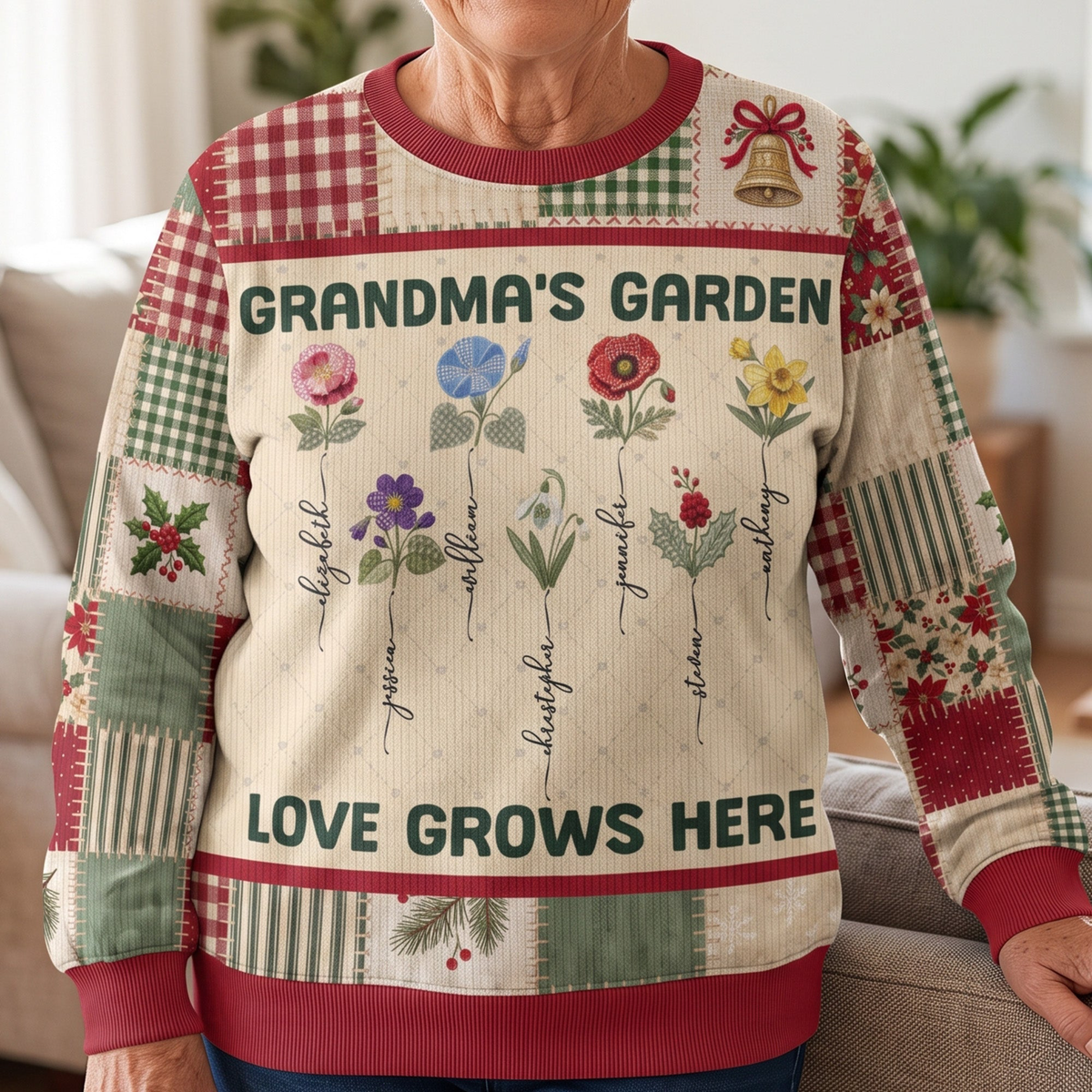 Grandma Garden Patchwork Print Birth Flower - Personalized Sweater