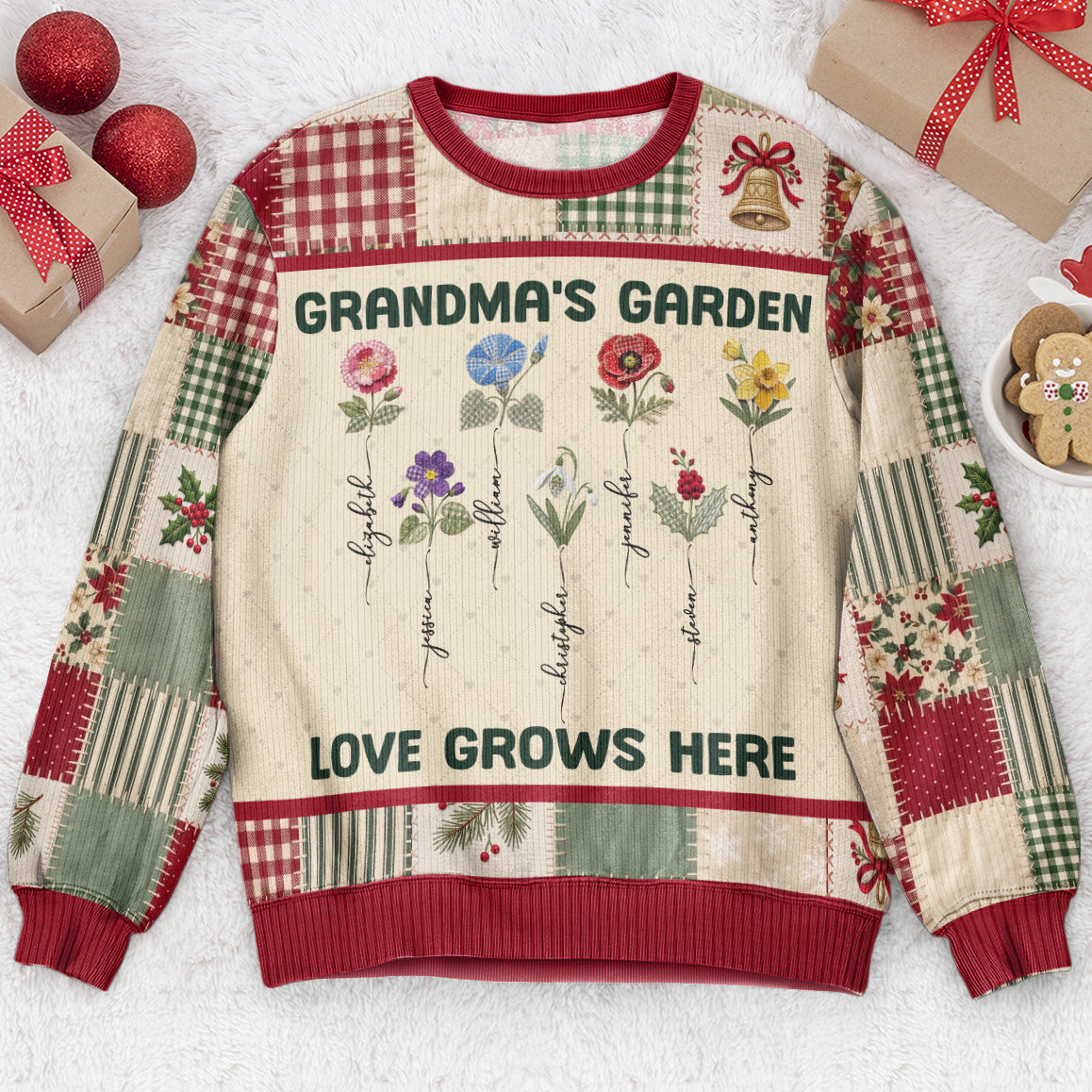 Grandma Garden Patchwork Print Birth Flower - Personalized Sweater