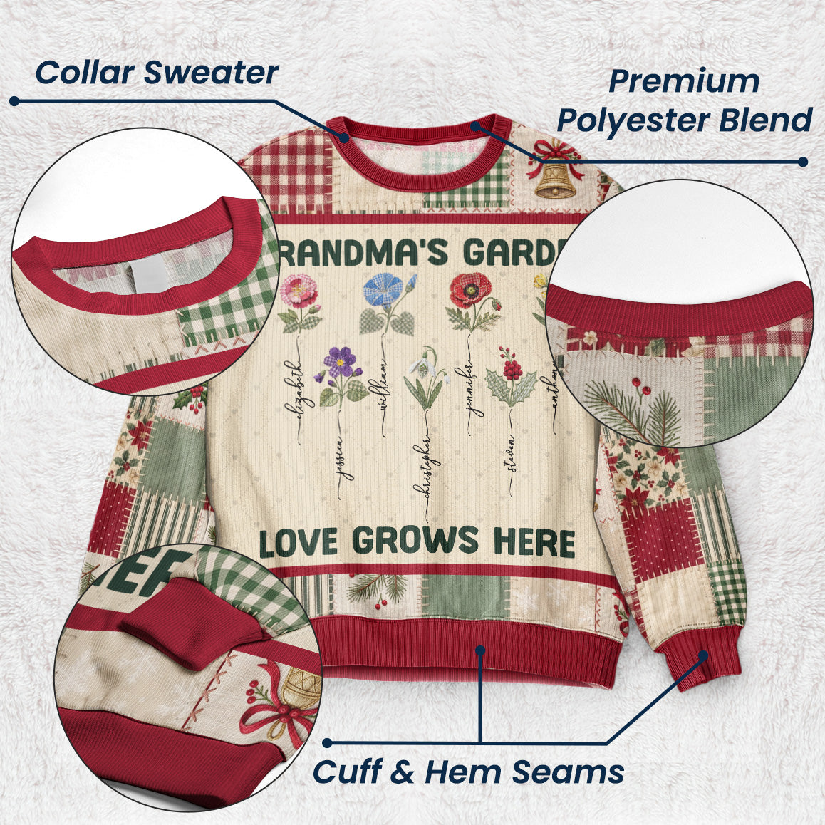 Grandma Garden Patchwork Print Birth Flower - Personalized Sweater
