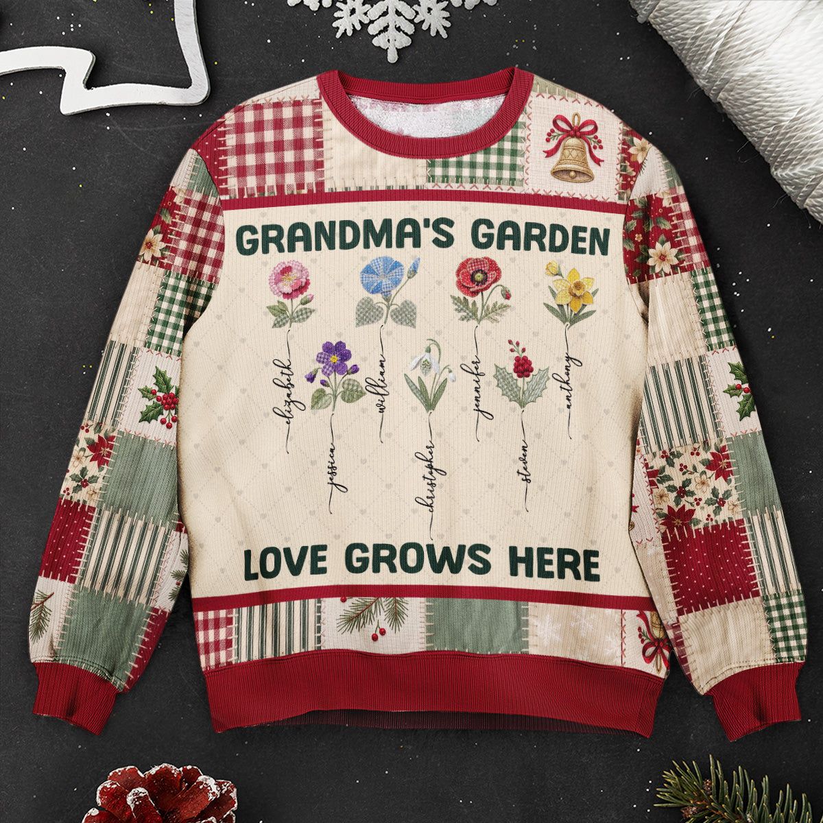 Grandma Garden Patchwork Print Birth Flower - Personalized Sweater