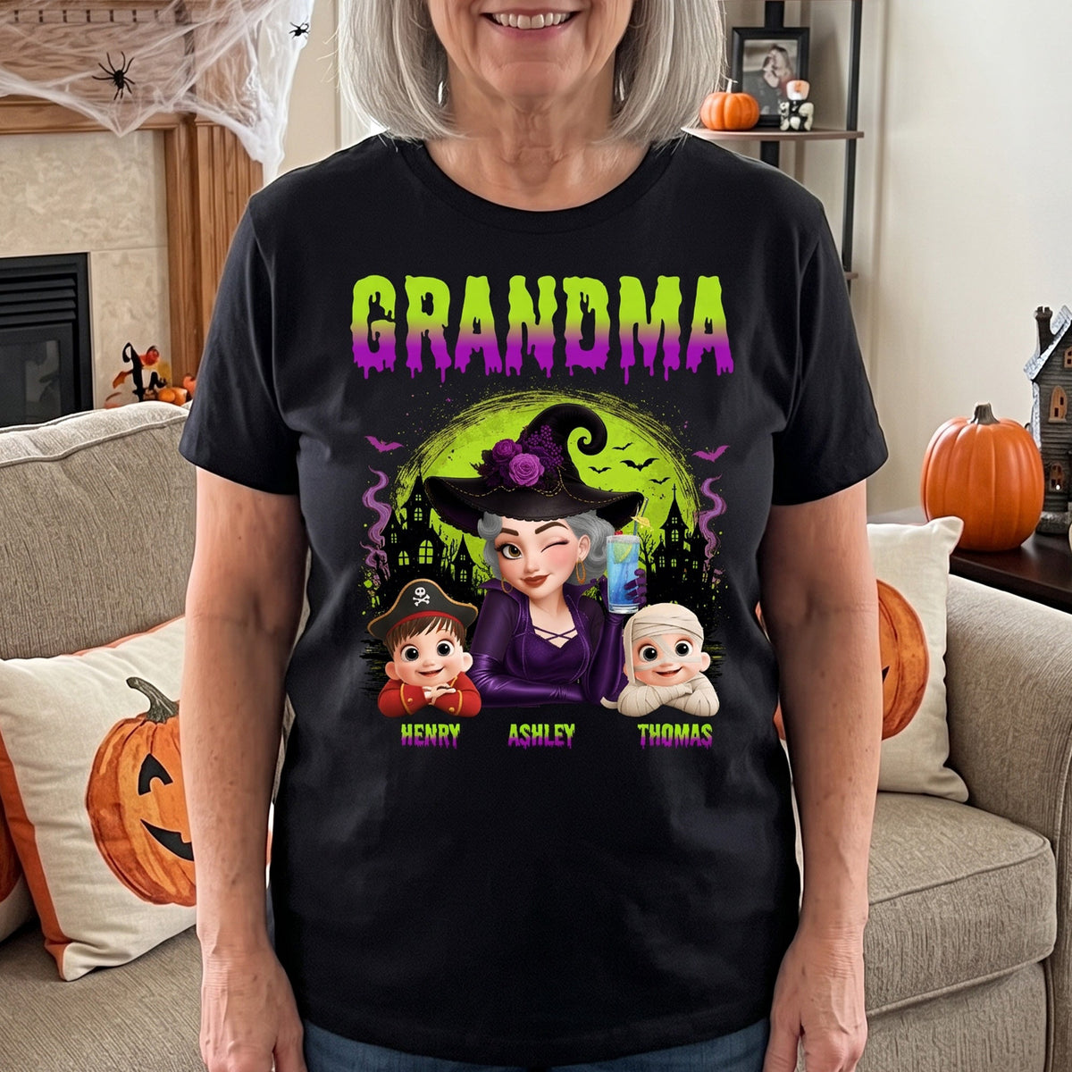 Grandma Witch With Little Monsters - Personalized Shirt