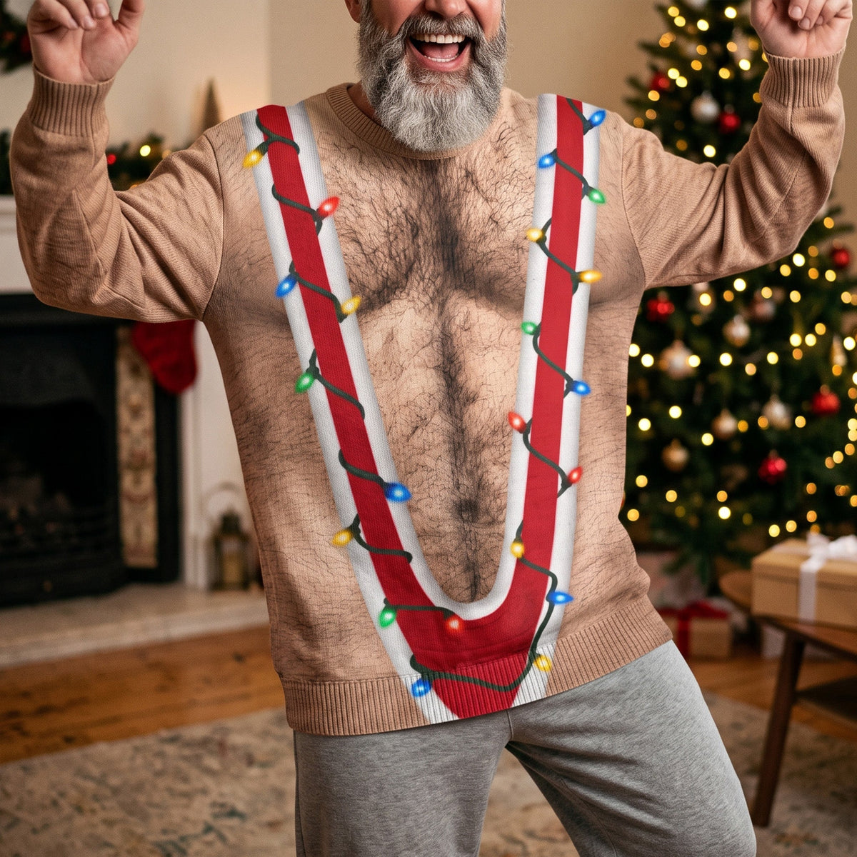 Hairy Chest Christmas Ugly For Men, Funny Suspenders Fake Gag Gift For Adults - Personalized Sweater