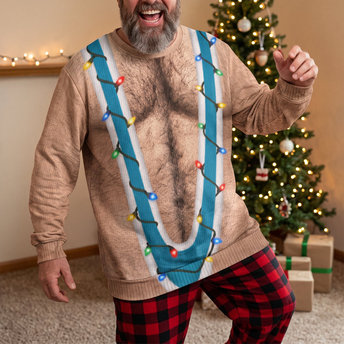 Hairy Chest Christmas Ugly For Men, Funny Suspenders Fake Gag Gift For Adults - Personalized Sweater