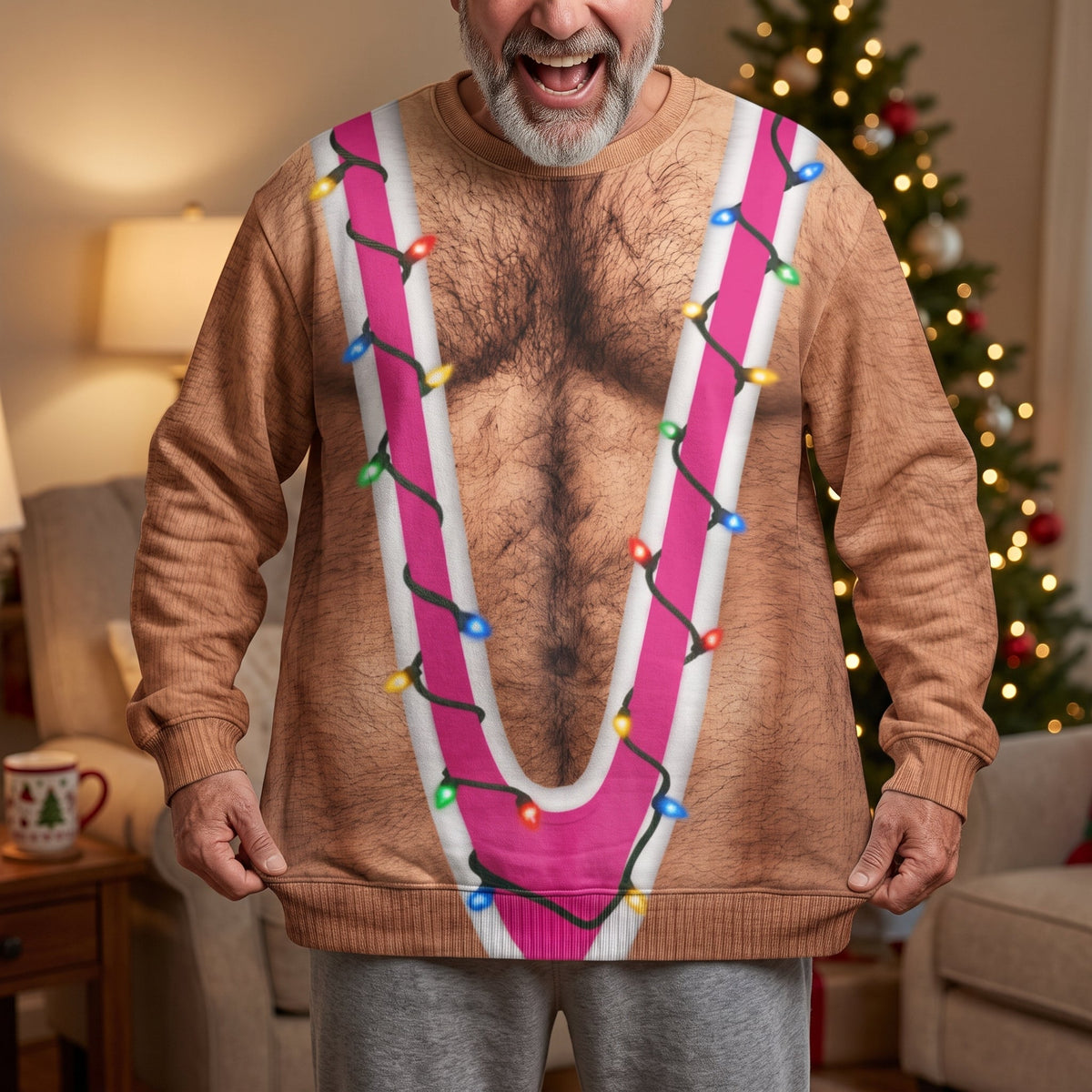 Hairy Chest Christmas Ugly For Men, Funny Suspenders Fake Gag Gift For Adults - Personalized Sweater