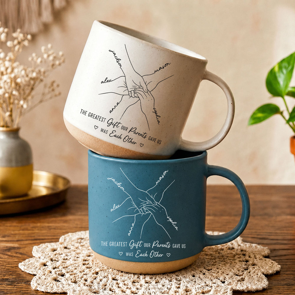 Hands Print Line Art Custom Name Gift For Sibling - Personalized Mug