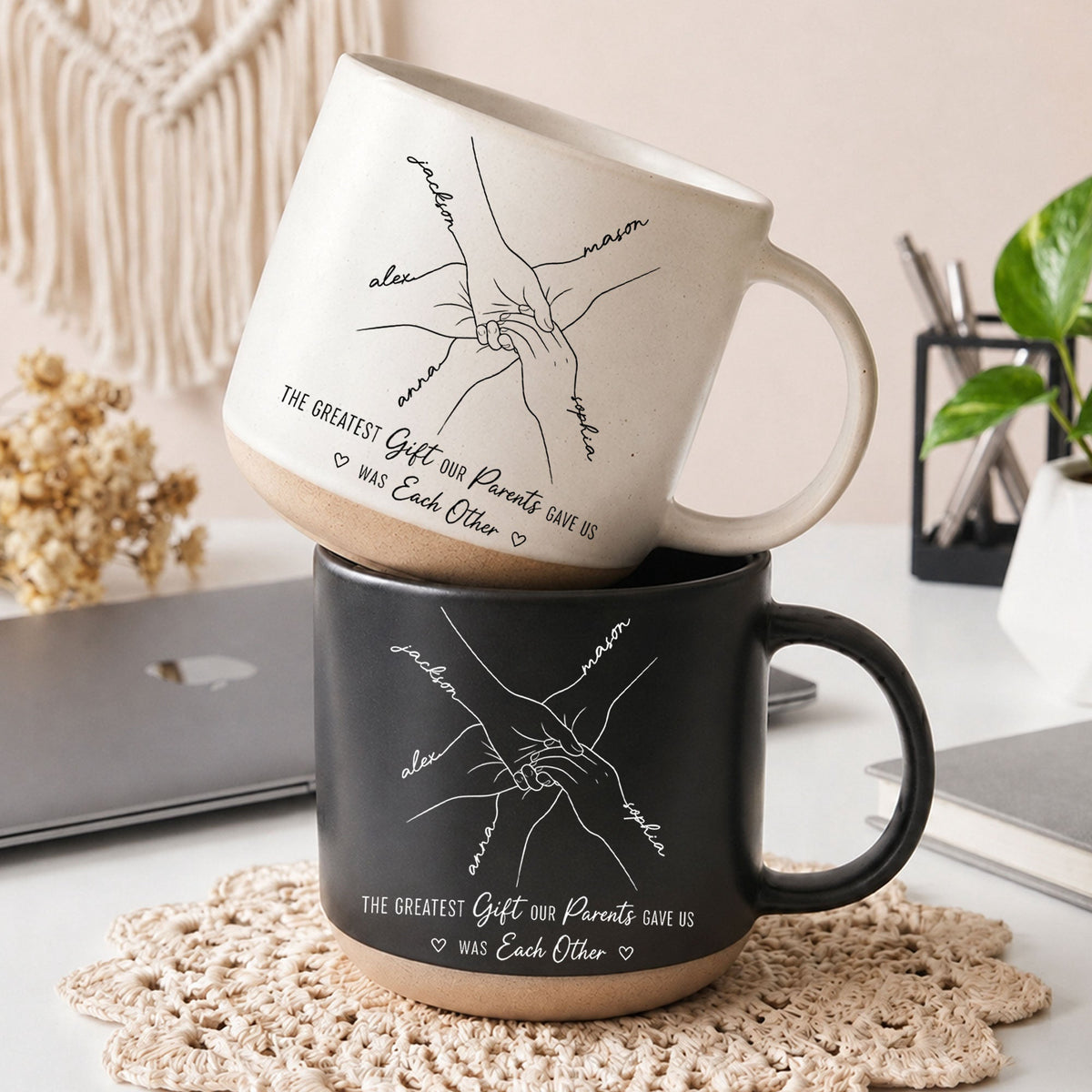 Hands Print Line Art Custom Name Gift For Sibling - Personalized Mug