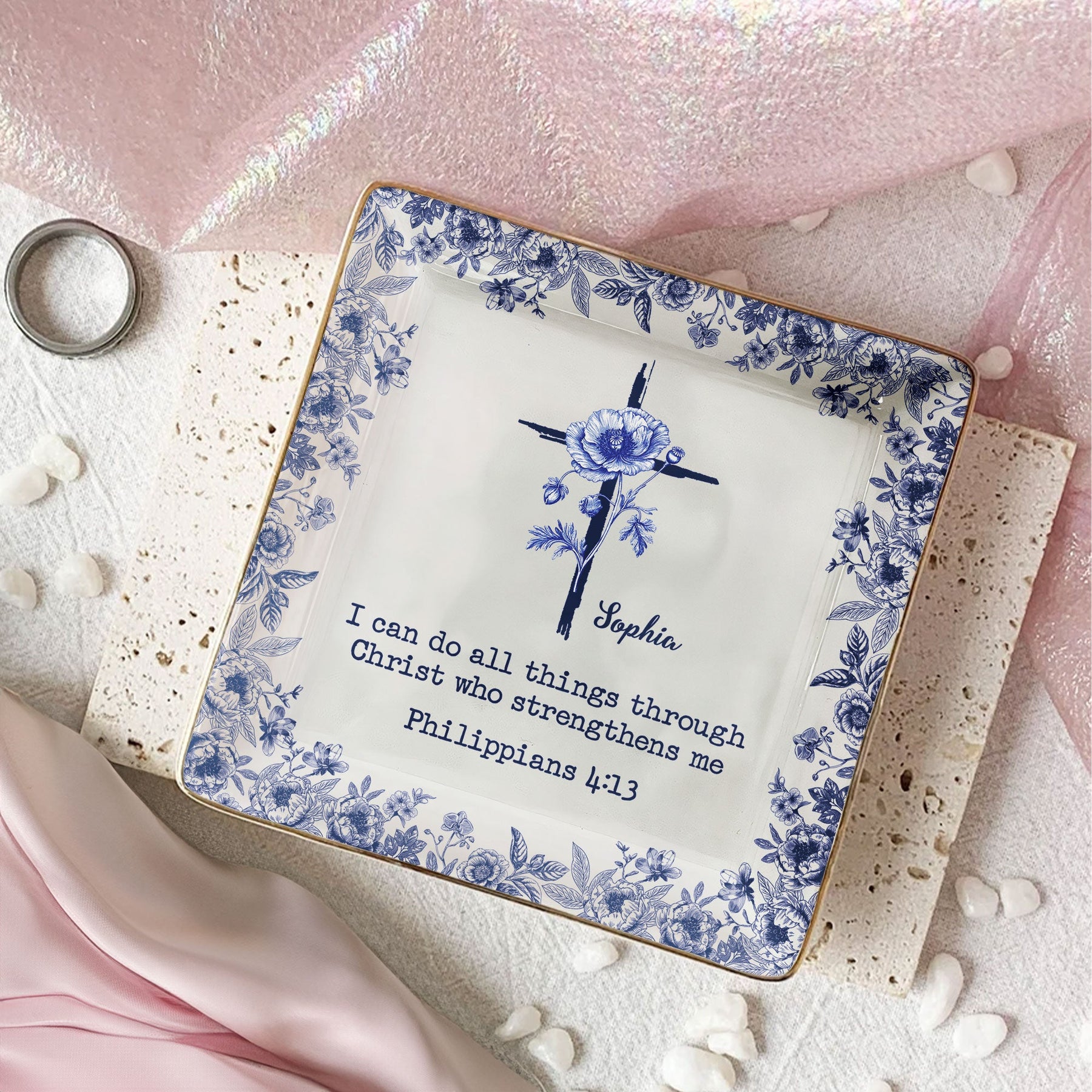 I Can Do All Things Birth Flower Toile De Jouy - Personalized Jewelry Dish