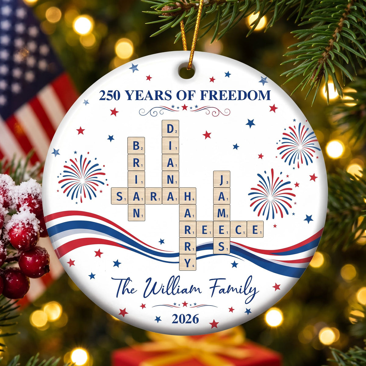 Our Family Scrabble America 250Th Gifts For Mom, Dad, Family - Personalized Ornament
