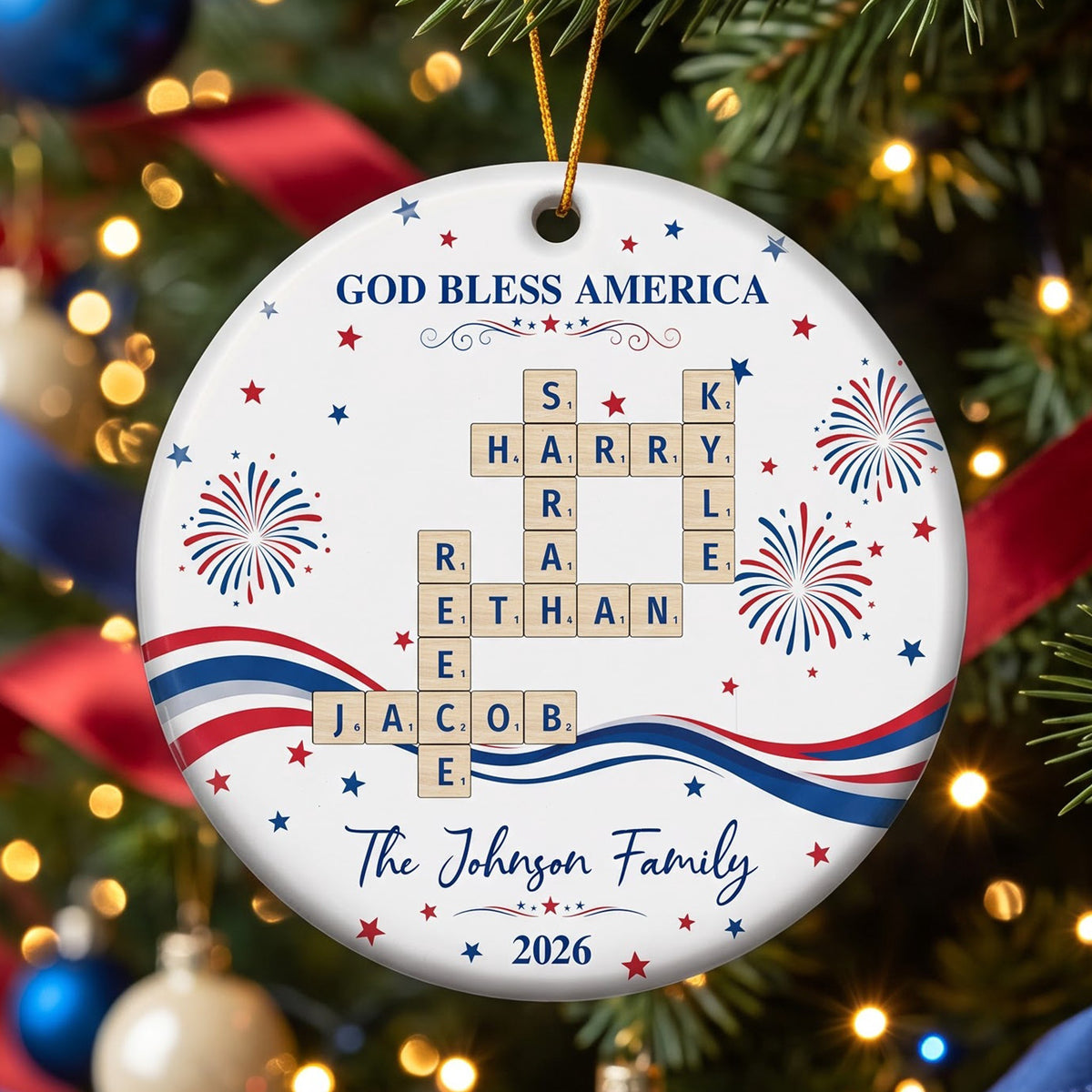 Our Family Scrabble America 250Th Gifts For Mom, Dad, Family - Personalized Ornament