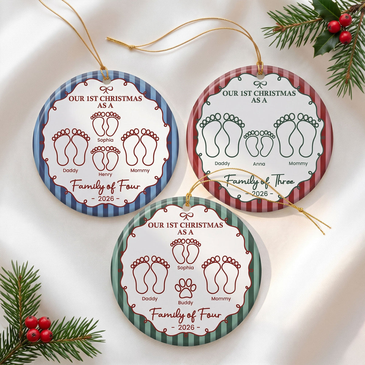 Our First Christmas As A Family Of Three, Four, Five, Six Striped Pattern - Personalized Ornament
