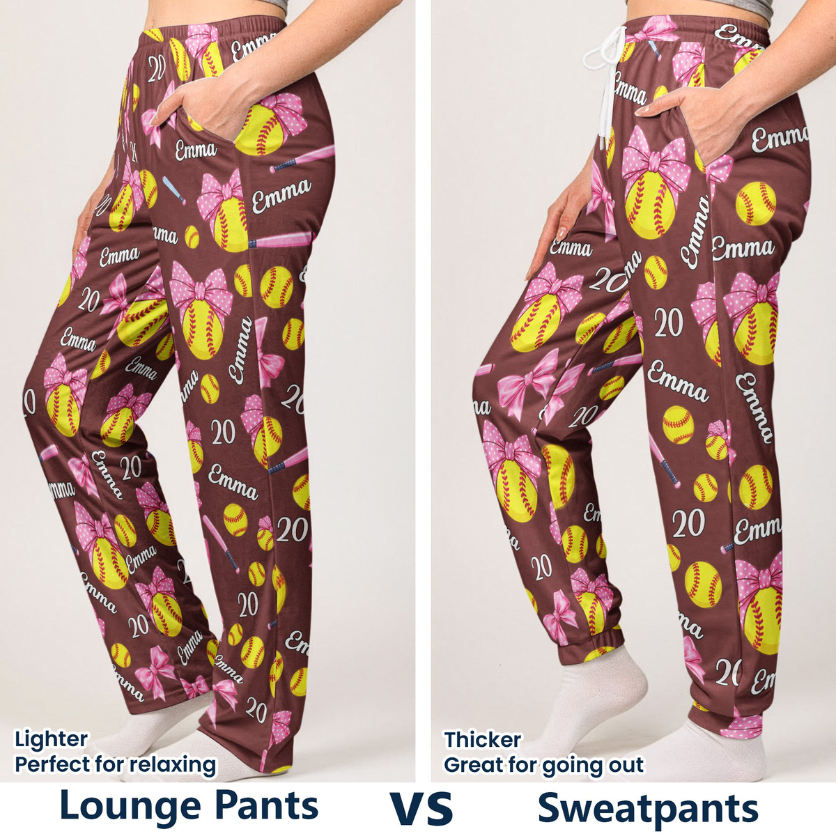 Coquette Bow Softball Custom Name, Number Gift For Softball Player, Softball Team - Personalized Lounge Pants